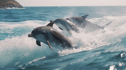 Playful dolphins swimming in the ocean
