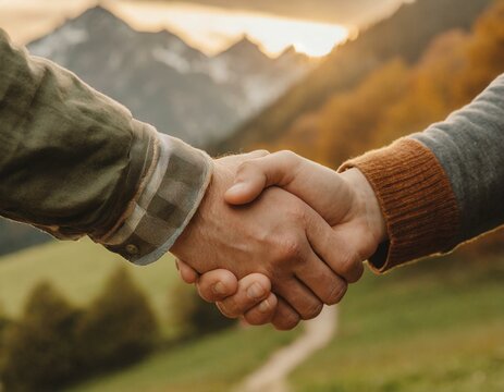 mains de deux homme se donnant une poign&eacute;e de main &agrave; la campagne, en ia