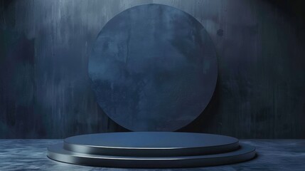 Dark blue product stage background or podium pedestal display on blank modern art room with studio...