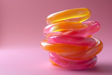 A vibrant image featuring multicolored, glossy, gummy jelly candies artfully twisted against a soft pink background - Powered by Adobe