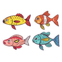 Fototapeta premium Four colorful cartoon fish floating, diverse patterns scales. Playful tropical fish illustration kids, comic style aquarium life. Yellow, red, pink, blue drawings, cute marine animals cartoon