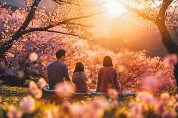 A joyful family having a picnic in a cherry blossom garden at sunset. - Powered by Adobe