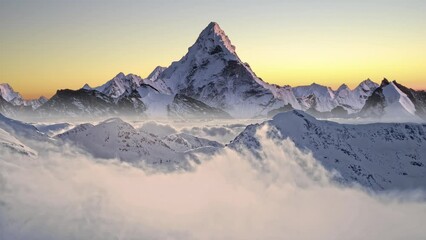 The Himalayas Everest Beautiful Mountain Range Winter Inspiring Landscape Snow Cold Sea Of Clouds Aerial Flight Footage Over Peaks Epic Panorama Nature Success Summit Top Peak 4K