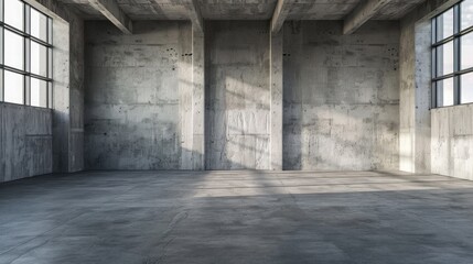 Empty warehouse room with concrete walls and floor.