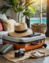 valise préparée pour partir en vacances dans une maison avec piscine en ia