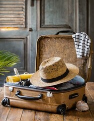 valise avec affaires de vacances pour départ en voyage avec chaupeau et habits en ia