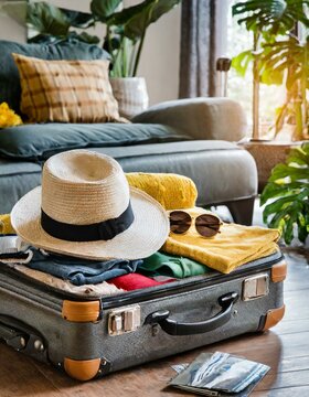 valise pr&eacute;par&eacute;e pour un d&eacute;part en vacances avec chapeau et lunettes de soleil en ia