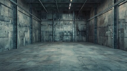 Empty warehouse room with concrete walls and floor.