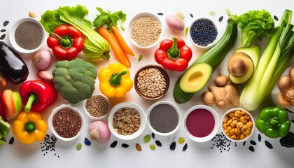 Vibrant collection of fresh vegetables, legumes, and seeds, perfectly arranged on a white background to promote healthy eating.