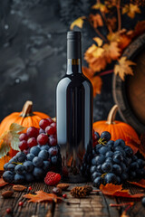 Obraz premium A wine bottle elegantly rests among pumpkin, grapes, and fallen leaves, capturing autumn's harvest.