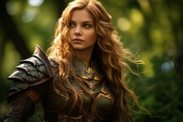 Naklejka premium Fierce female warrior in fantasy armor