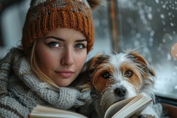 A young woman in winter attire cuddles with her dog, both looking at a book amid a snowy setting