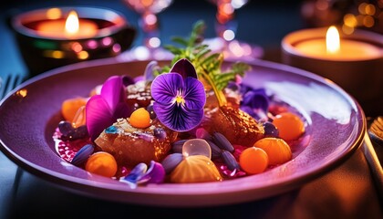 Luxurious dessert elegantly garnished with edible flowers, vibrant gel spheres, and gold dust, set against a romantic candlelit backdrop.