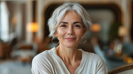 Fototapeta premium Radiant middle-aged woman with a gentle gaze in an elegant setting.