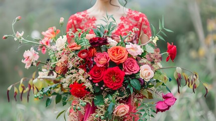 A Chinese bride is holding a gorgeous bouquet of colorful flowers with red and pink roses and greenery while wearing a red wedding dress
