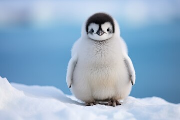 Fototapeta premium Adorable baby penguin in snowy landscape