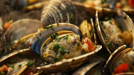 Clam Sensation: Close-up of steamed clams, served piping hot and bursting with maritime flavor.