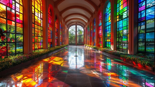 Stunning View Inside the Cosmovitral Botanical Garden, Toluca, Mexico Featuring Colorful Stained Glass and Lush Greenery