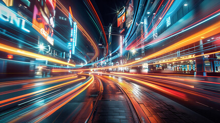 Long exposure captures the vibrant trails of dynamic urban lights at night, creating an abstract portrayal of speed and movement in the cityscape
