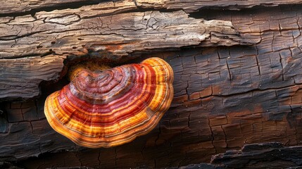 Natural Reishi or lingzhi mushroom growing on old bark