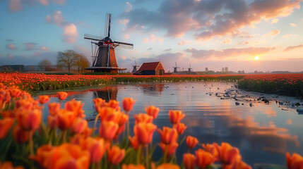 landscape with windmill and tulips. 4K Wallpaper and Background for desktop, laptop, Computer, Tablet, Mobile Cell Phone, Smartphone, Cellphone
