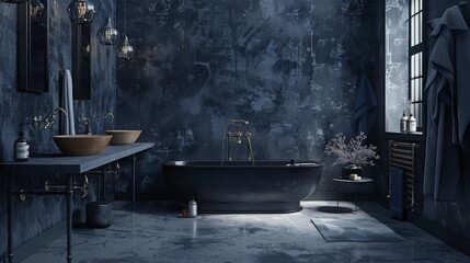 gray and dark blue bathroom interior with tub and double sink