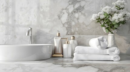 Bathroom interior of marble sink table with spa soap bottle, towels and shampoo background, stylish countertop in toilet.