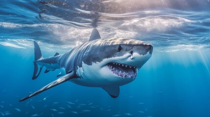 Fearsome great white shark with open mouth in blue ocean