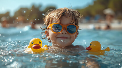 Joyful Child With Sunglasses Playing With Rubber Ducks in a Pool During Summer
