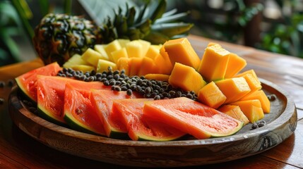 refreshing fruit platter featuring slices of mango, papaya, and pineapple