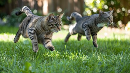 Obraz premium Paw-some Playground: Spry cats leap and bound across the lawn, their nimble movements a testament to their innate grace and agility.