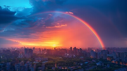 Naklejka premium Stunning Rainbow Over Cityscape at Sunset: Vivid Colors and Urban Beauty Captured