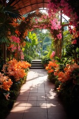 Vibrant tropical greenhouse with lush foliage and colorful flowers