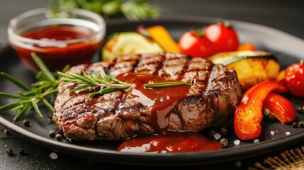Succulent grilled steak served with roasted vegetables and savory sauce