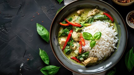 steaming bowl of traditional Thai green curry served with fragrant jasmine rice