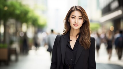 Confident young woman in black suit on city street