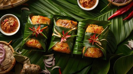 Fototapeta premium Traditional Thai banana leaf-wrapped parcels filled with fragrant rice and curry