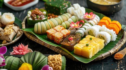 Traditional Thai desserts beautifully arranged on a banana leaf platter