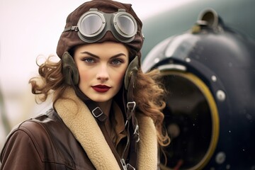 Vintage aviator woman with goggles and leather jacket