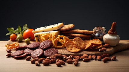 Assortment of savory snacks and nuts on wooden board