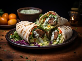 Delicious vegetarian wrap with falafel, vegetables, and creamy sauce