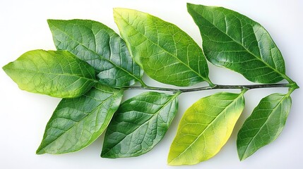 Obraz premium A branch of green leaves, with some leaves turning yellow.