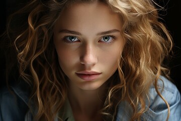 Fototapeta premium Thoughtful young woman with curly blonde hair