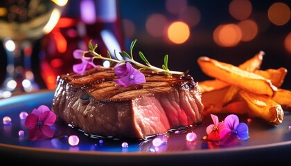Luxurious steak dinner plated with vibrant edible flowers and fries, set against a romantic, softly lit backdrop.