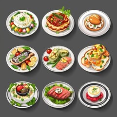 A beautiful isometric set of gourmet dishes, elegantly presented to delight the senses, model isolated on solid background