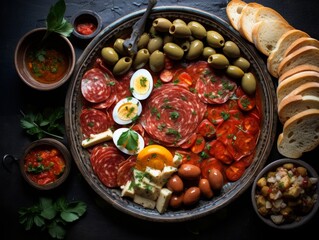 Delicious antipasto platter with cured meats, olives, and bread