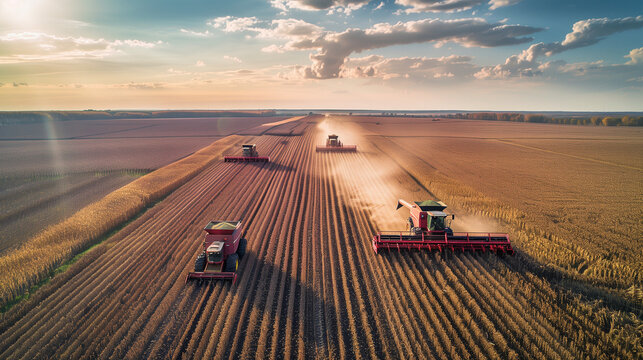 several tractors working on the land - Powered by Adobe