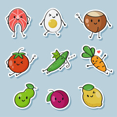 A set of vector stickers depicting cute, funny, live healthy food products