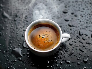 A cup of steaming coffee on a rainy day, viewed from above, captures the essence of comfort with room for copy in ads