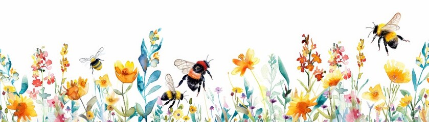 A cute watercolor of a bustling bee garden, reflecting the importance of pollinators, isolated white background